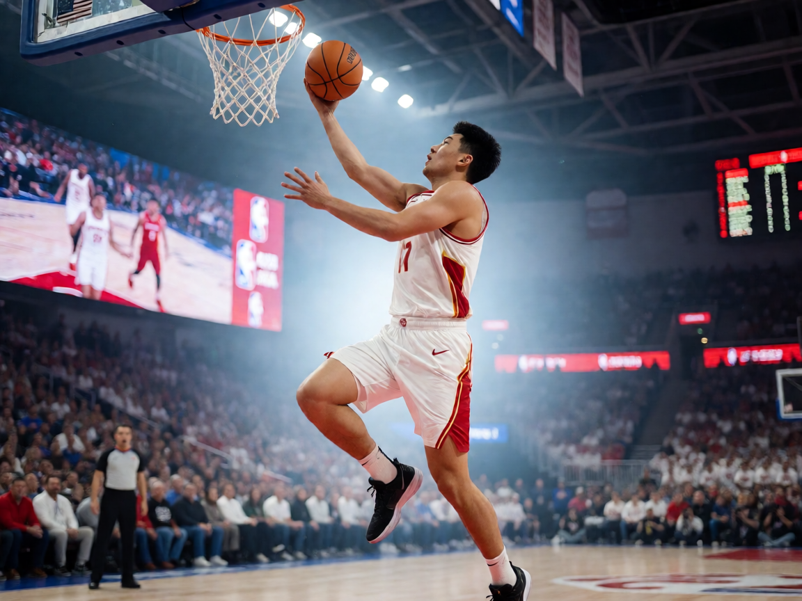 NBA常规赛激烈对抗，球员突破上篮瞬间，球馆气氛热烈