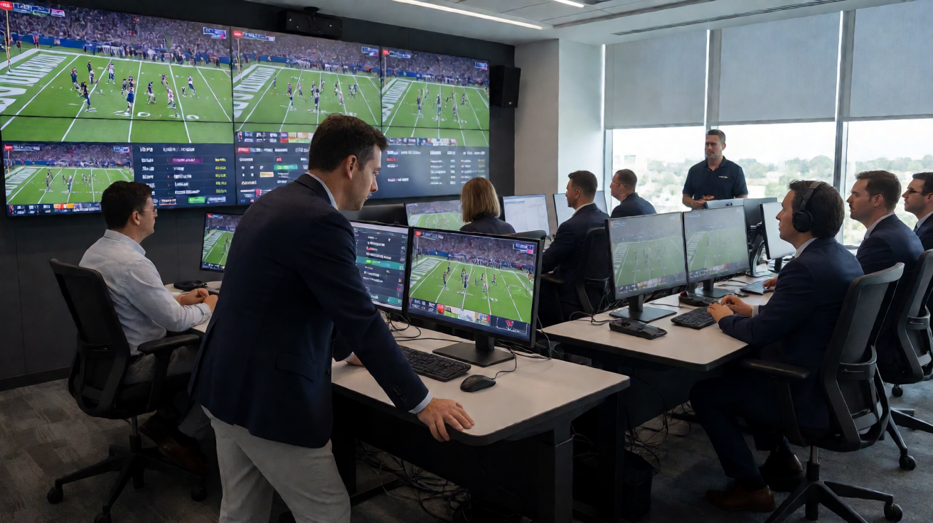 体育赛事转播现场，摄像机对准球场捕捉每一个精彩瞬间